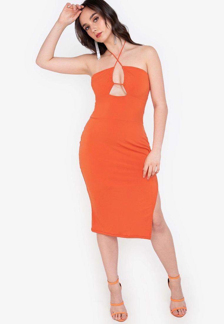 Cross Strap Cut-out Midi Dress in Orange