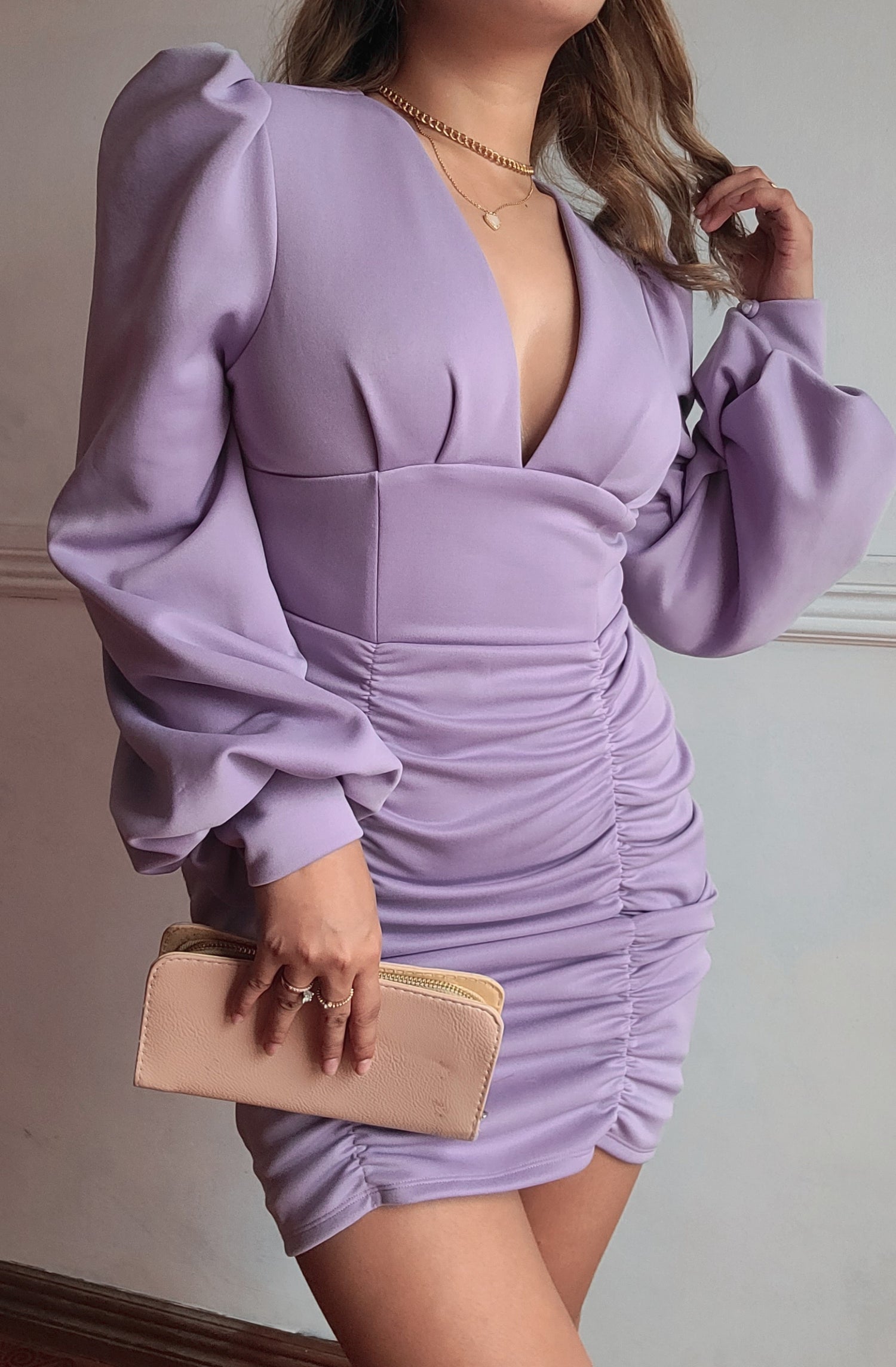 Plunging Longsleeved Ruched Mini Dress