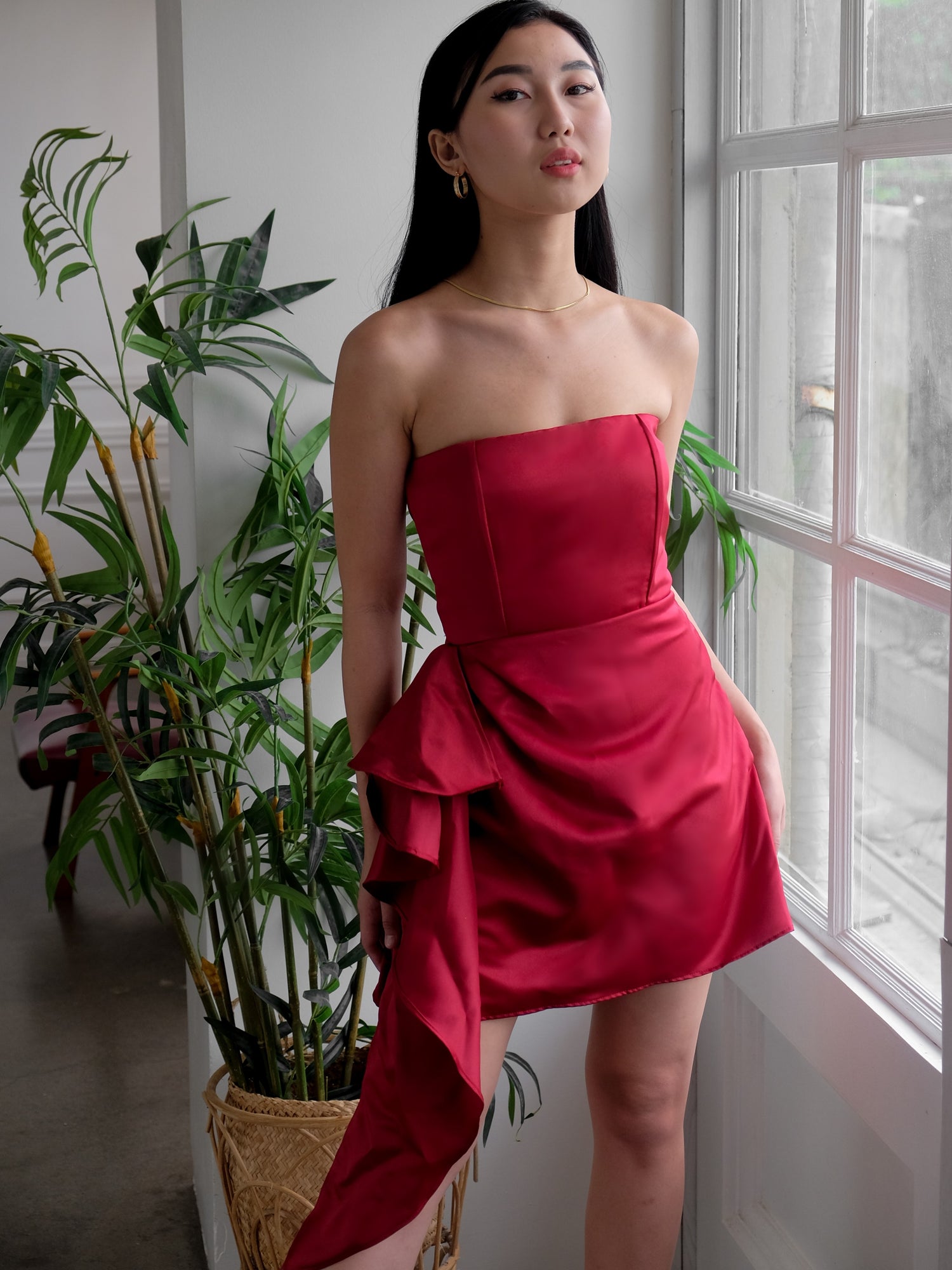 Glory Mini Dress with Cascading Side Ruffle - Heather Clothing