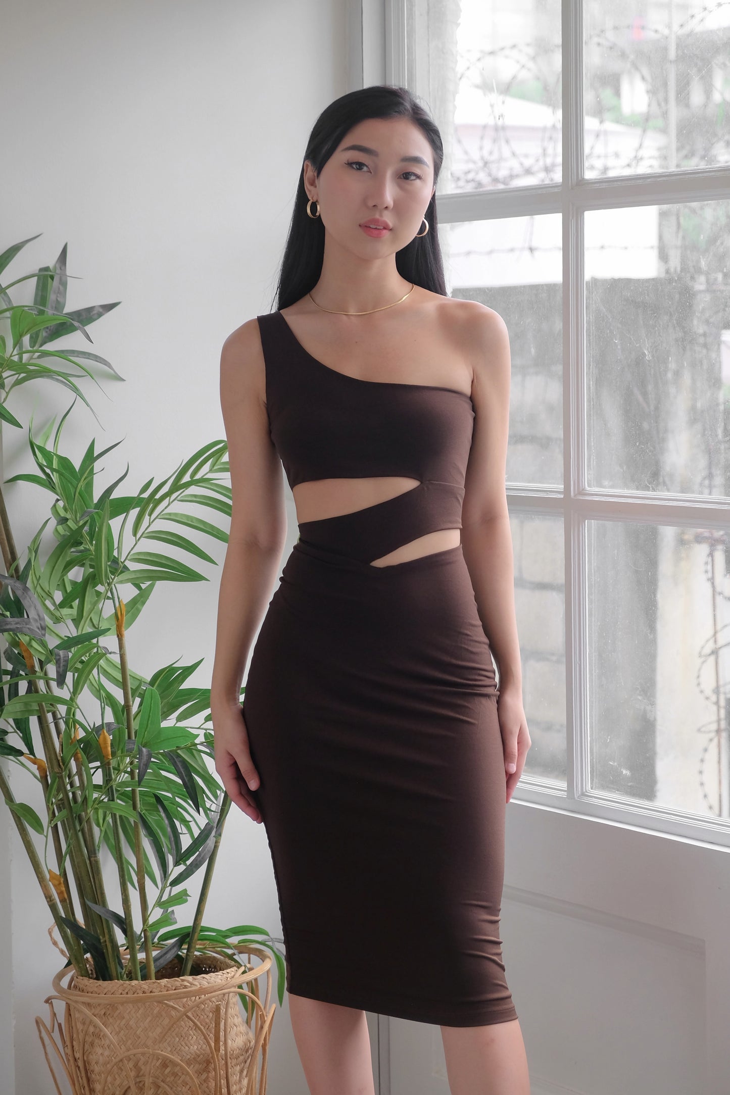 Heather Clothing Heidi Cut-out Midi Bodycon Dress in Chocolate