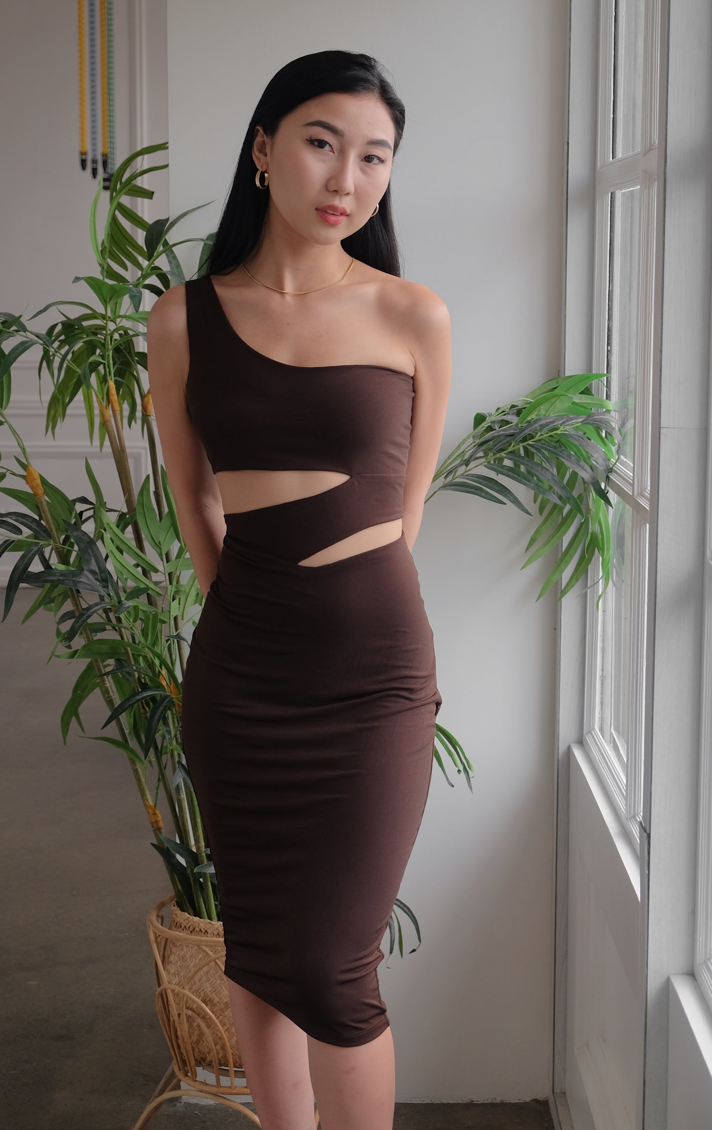 Heather Clothing Heidi Cut-out Midi Bodycon Dress in Chocolate