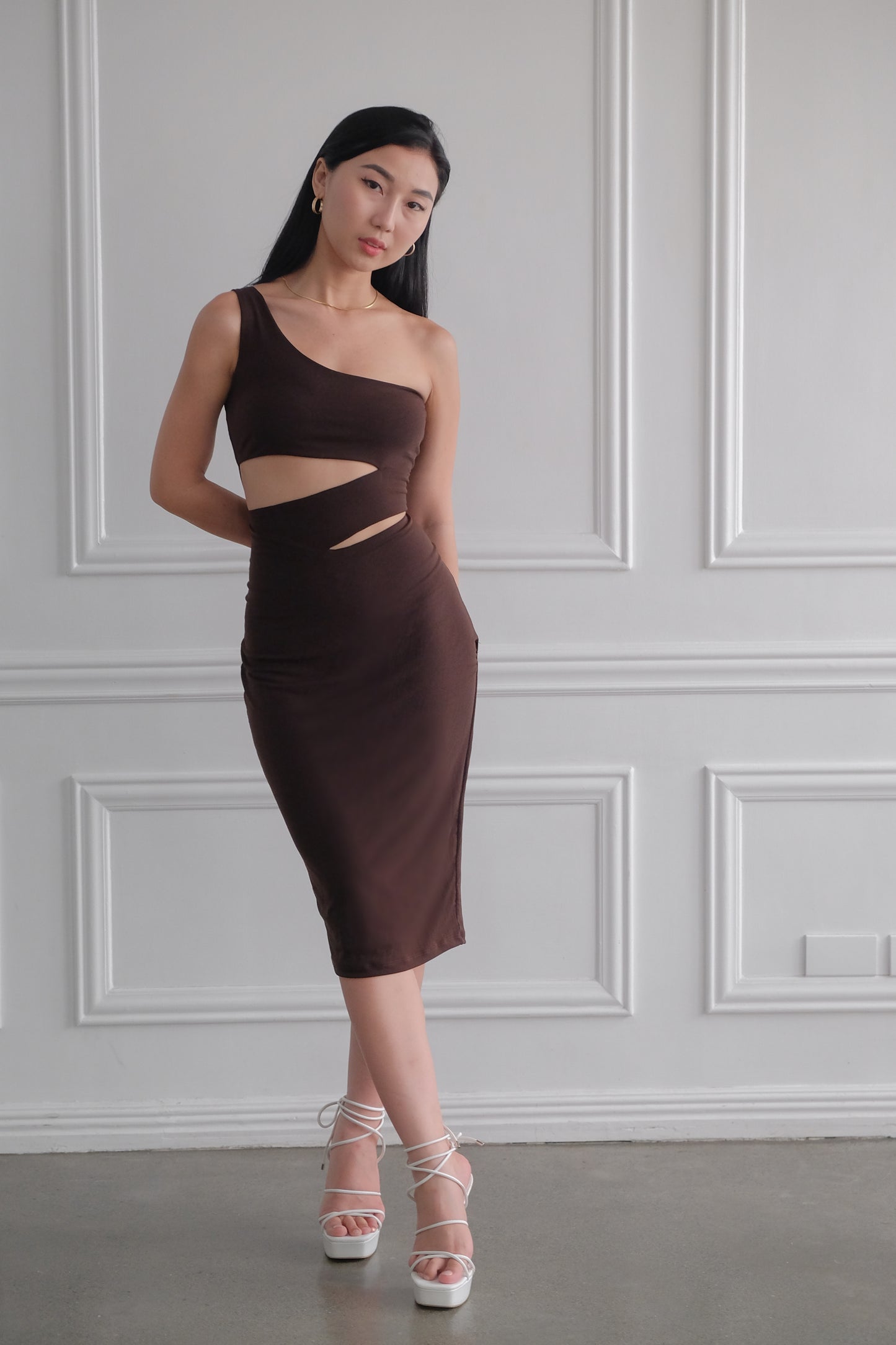 Heather Clothing Heidi Cut-out Midi Bodycon Dress in Chocolate