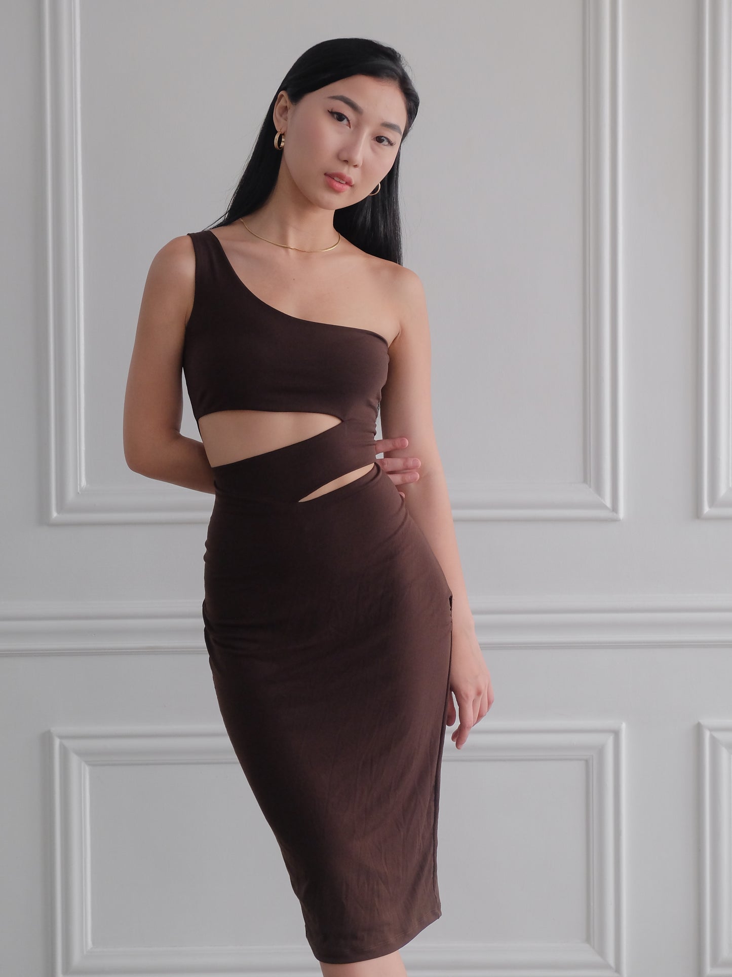 Heather Clothing Heidi Cut-out Midi Bodycon Dress in Chocolate