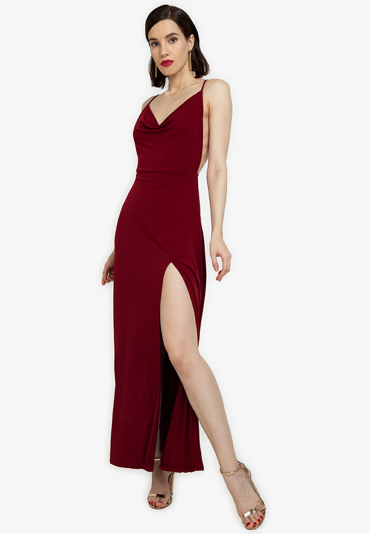 Cowl Neck Backless Maxi Dress in Maroon