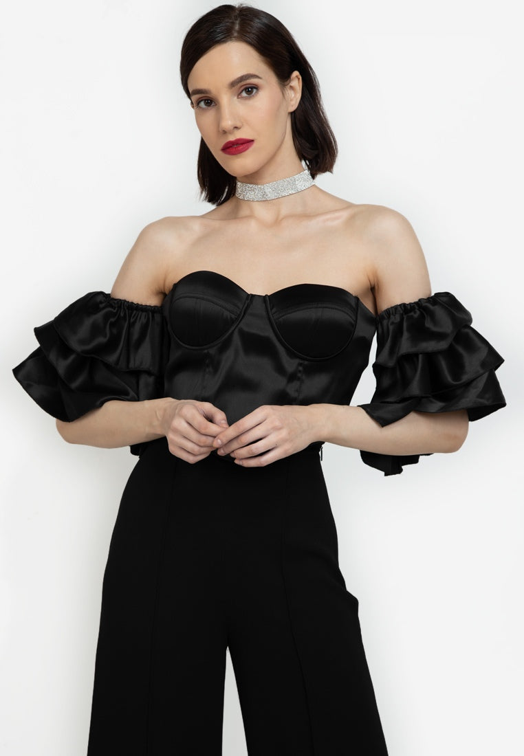 Off-the-Shoulder Frill Bustier Crop Top in Black