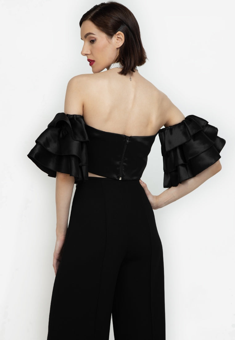 Off-the-Shoulder Frill Bustier Crop Top in Black