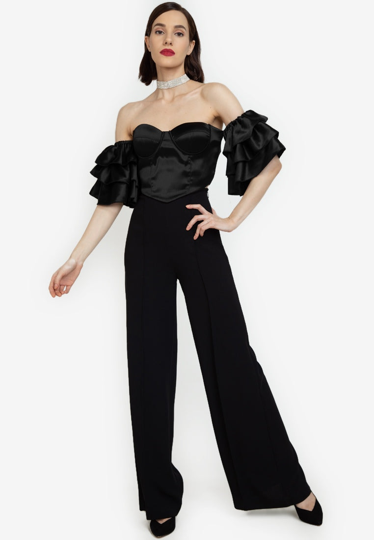 Off-the-Shoulder Frill Bustier Crop Top in Black