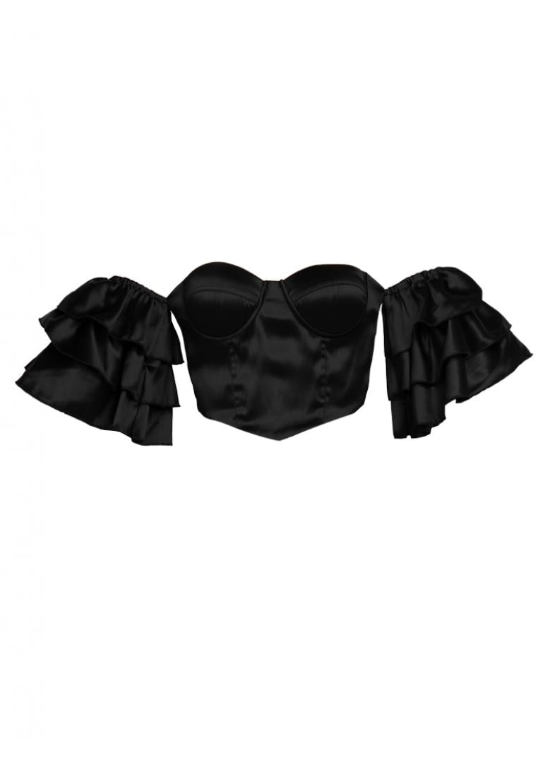 Off-the-Shoulder Frill Bustier Crop Top in Black