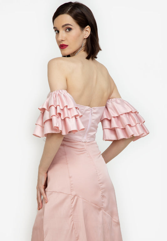 Off-the-Shoulder Frill Bustier Crop Top in Dusty Pink