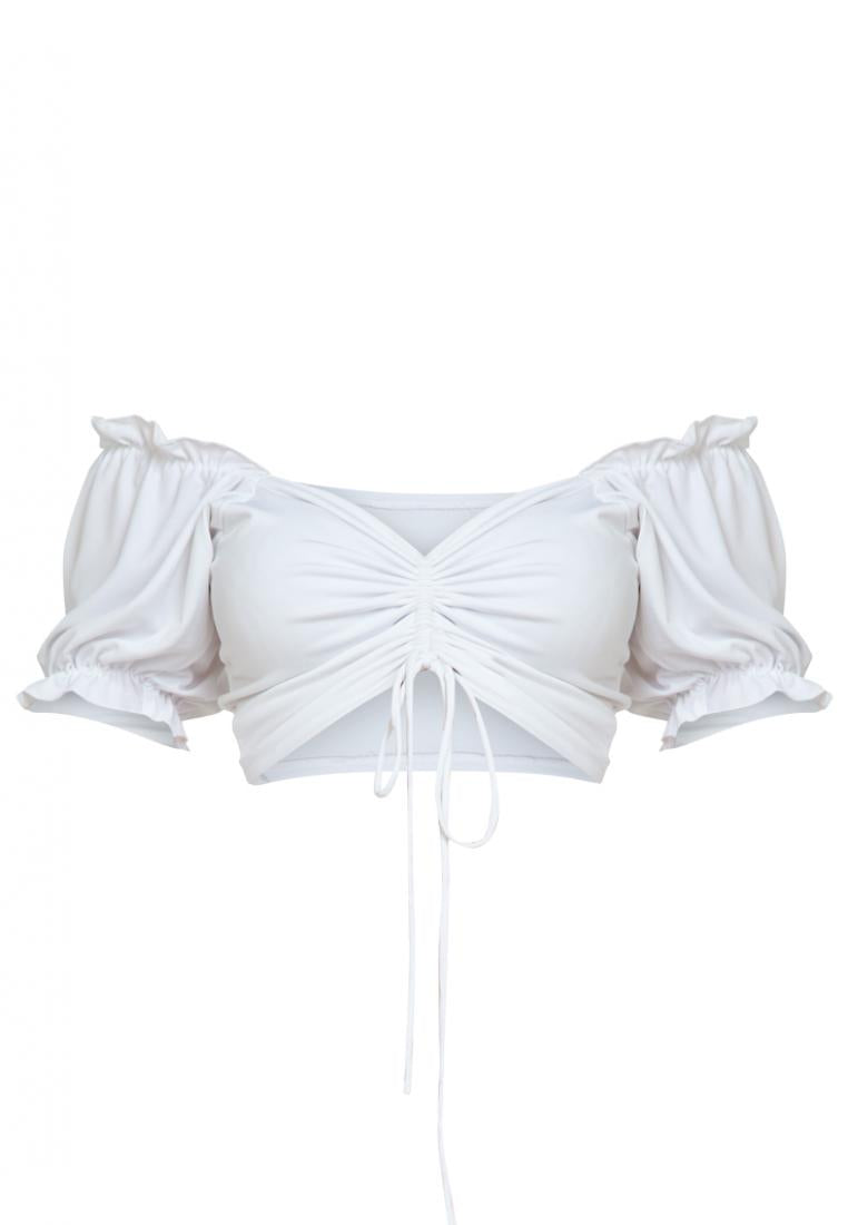 Puff-Sleeve Drawstring Croptop in White