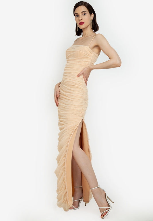 Bustier Ruched Maxi Dress in Nude