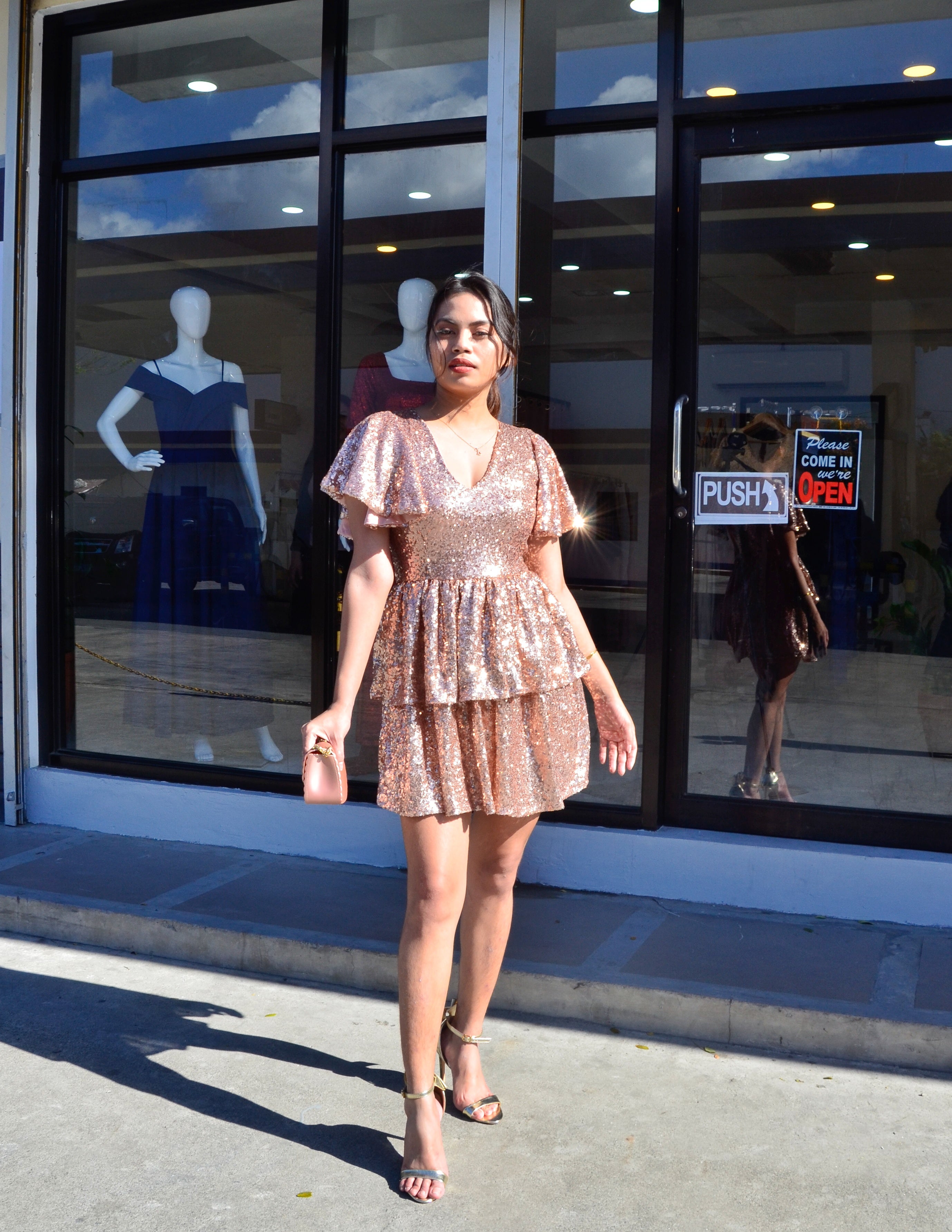 MONOCHROMATIC EMBOSSED AND SEQUINED MINI DRESS main image 1