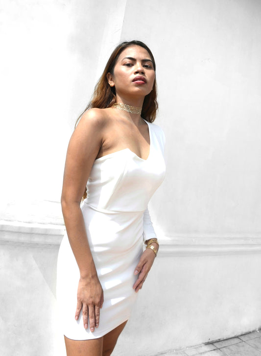 Half Shoulder Long-sleeved Mini Dress in White