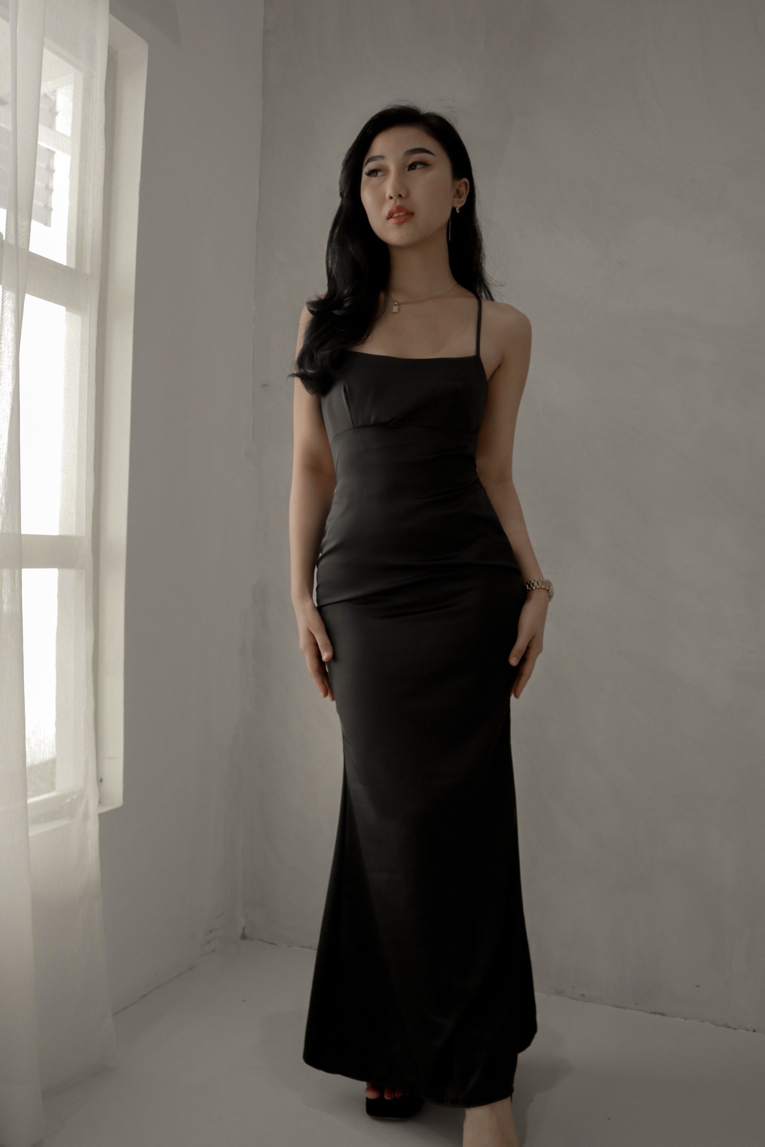 Serene Satin Maxi Dress in Black
