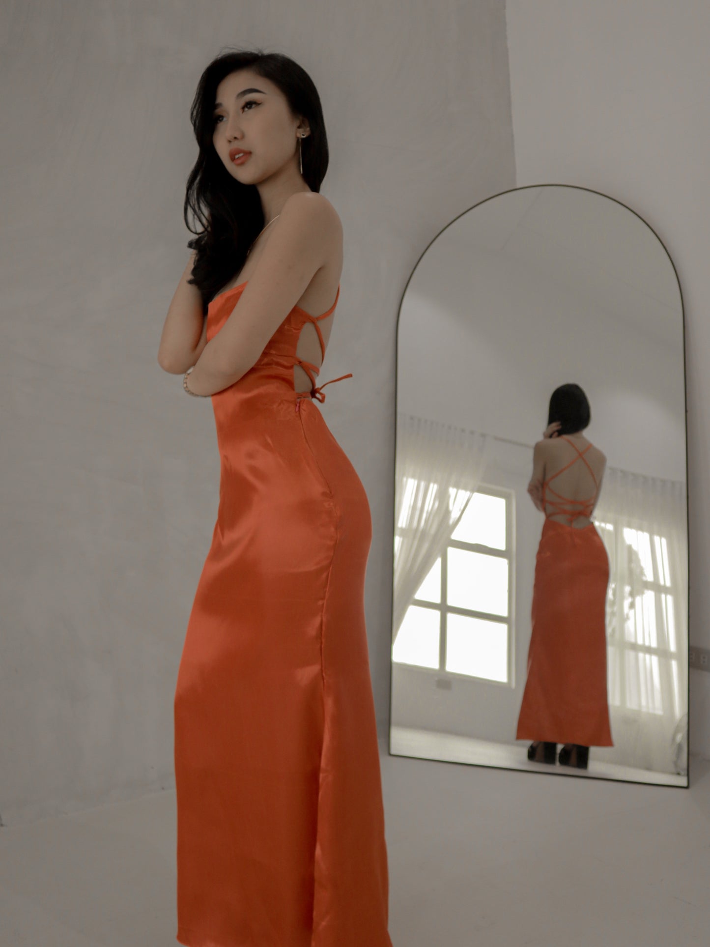 Serene Satin Maxi Dress in Orange