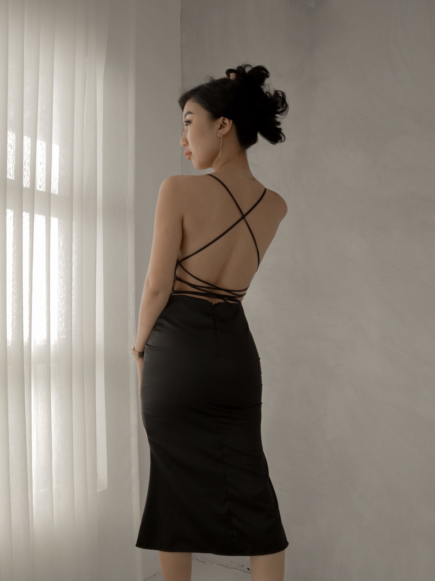 Tiffany Plunging Satin Midi Dress in Black