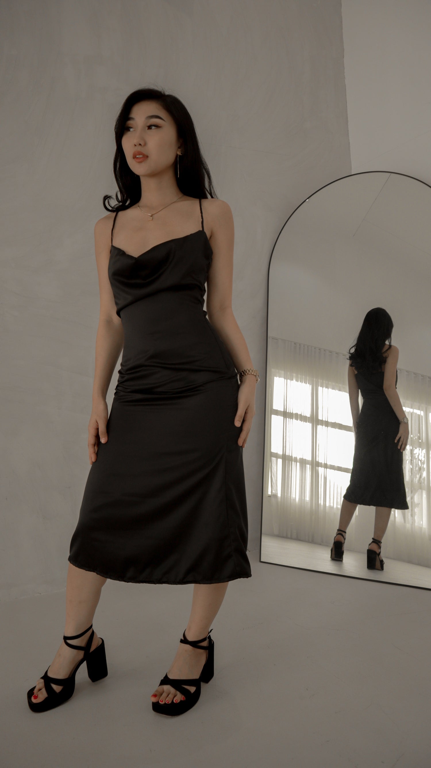 Odessa Cowl Neck Satin Midi Dress in Black