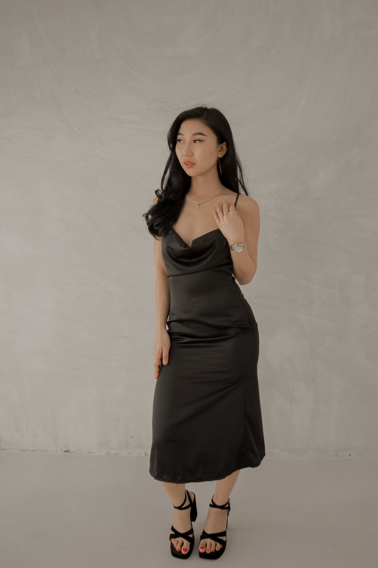 Odessa Cowl Neck Satin Midi Dress in Black