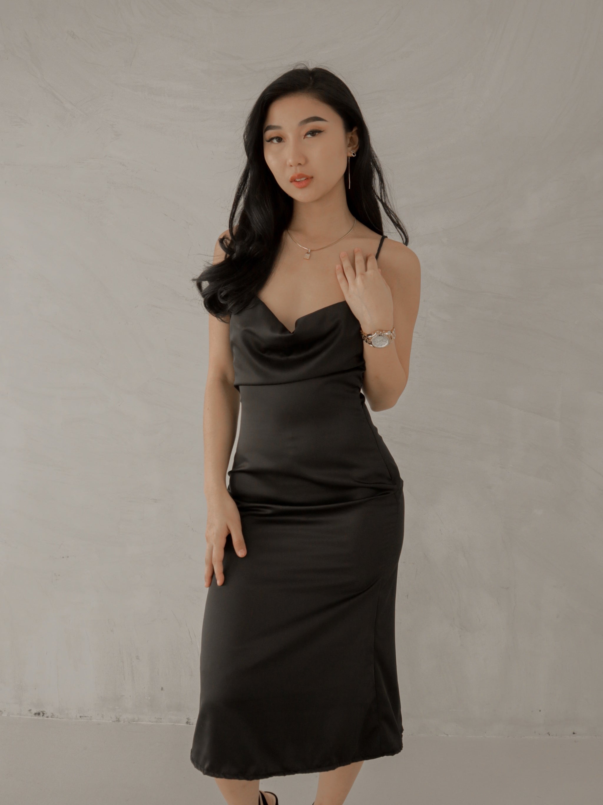 Odessa Cowl Neck Satin Midi Dress in Black – Heather Clothing Odessa Cowl Neck Satin Midi Dress in Black – Heather Clothing