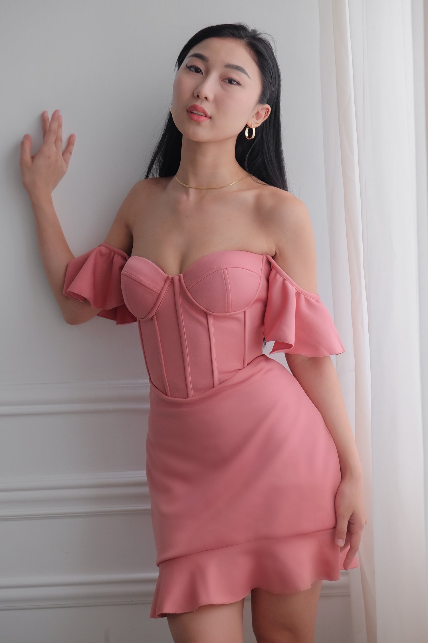 Heather Clothing Bustier Flounce Mini Dress in Rose Pink
