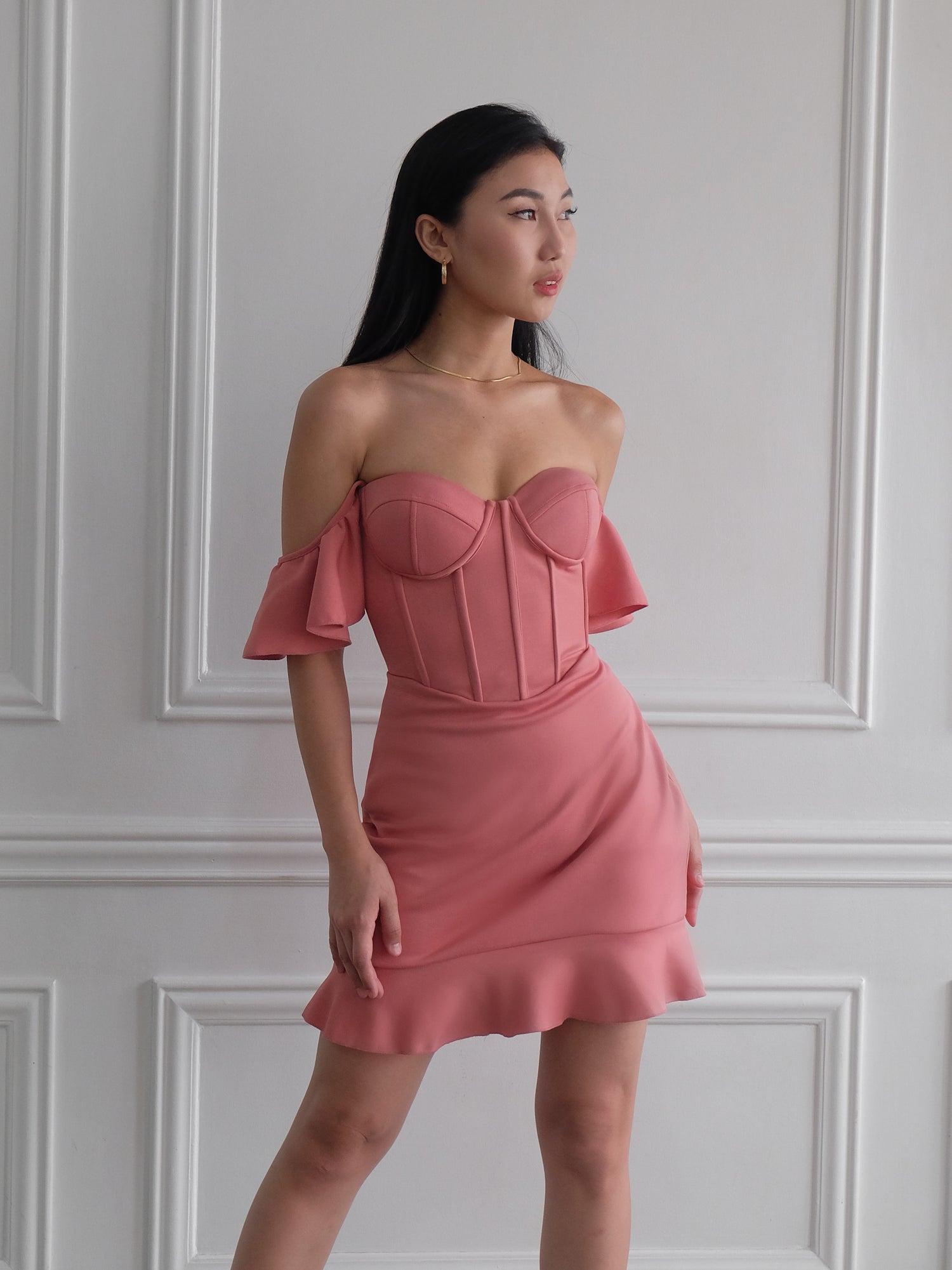 Heather Clothing Bustier Flounce Mini Dress in Rose Pink