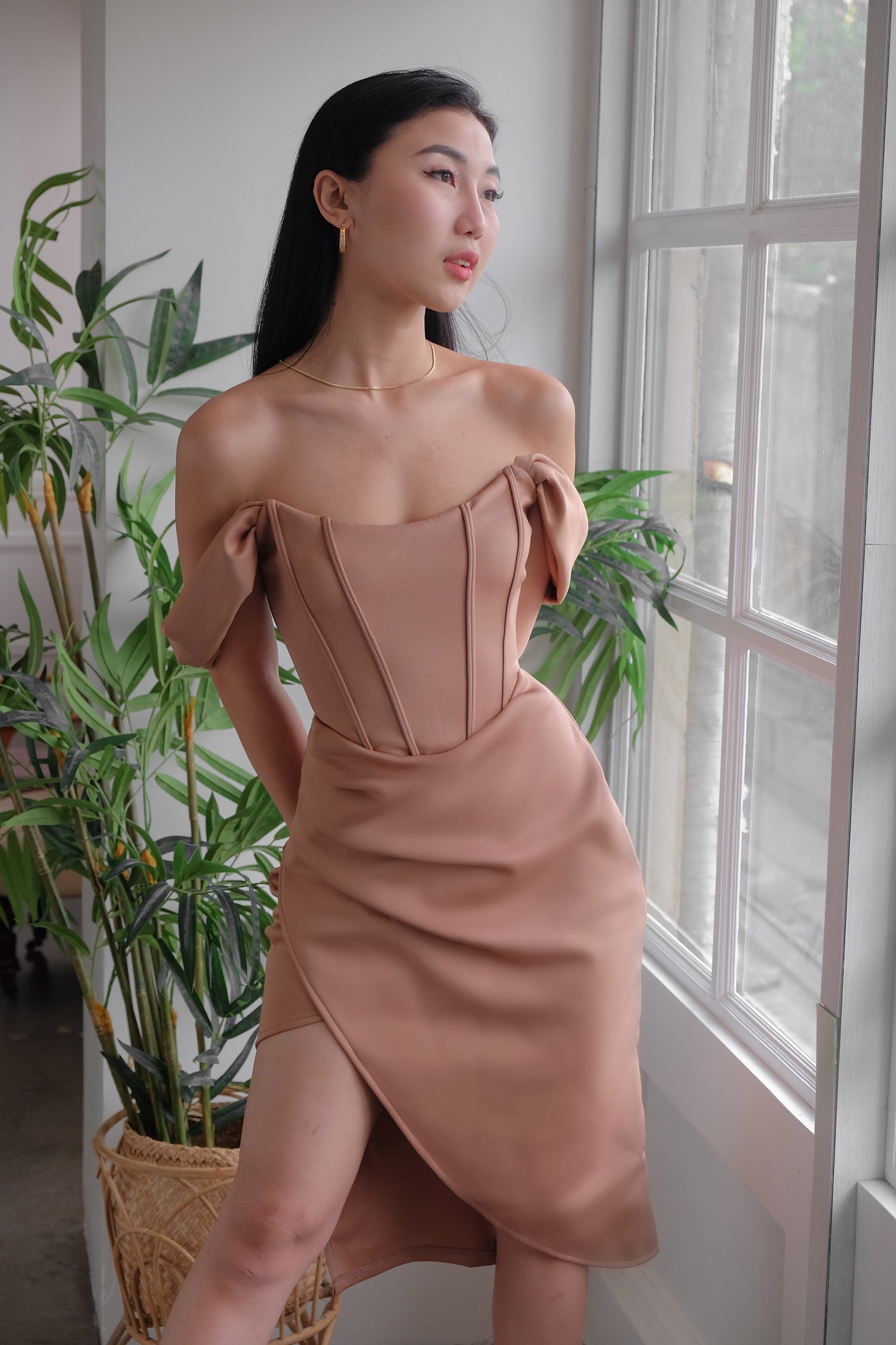 Heather Clothing Off-The-Shoulder Corset Midi Dress in Mocha