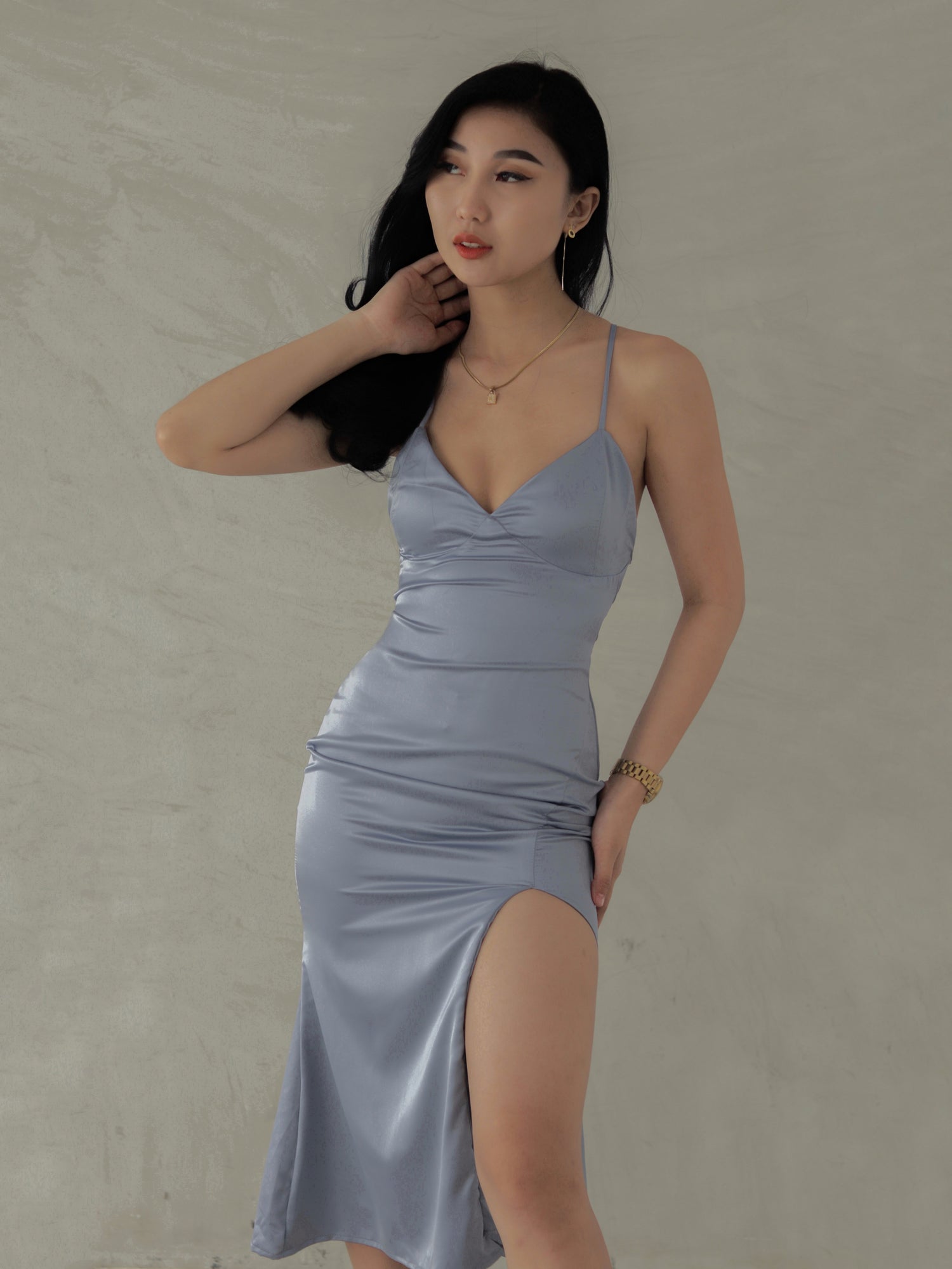 Tiffany Plunging Satin Midi Dress in Dusty Blue Heather Clothing Tiffany Plunging Satin Midi Dress in Dusty Blue Heather Clothing
