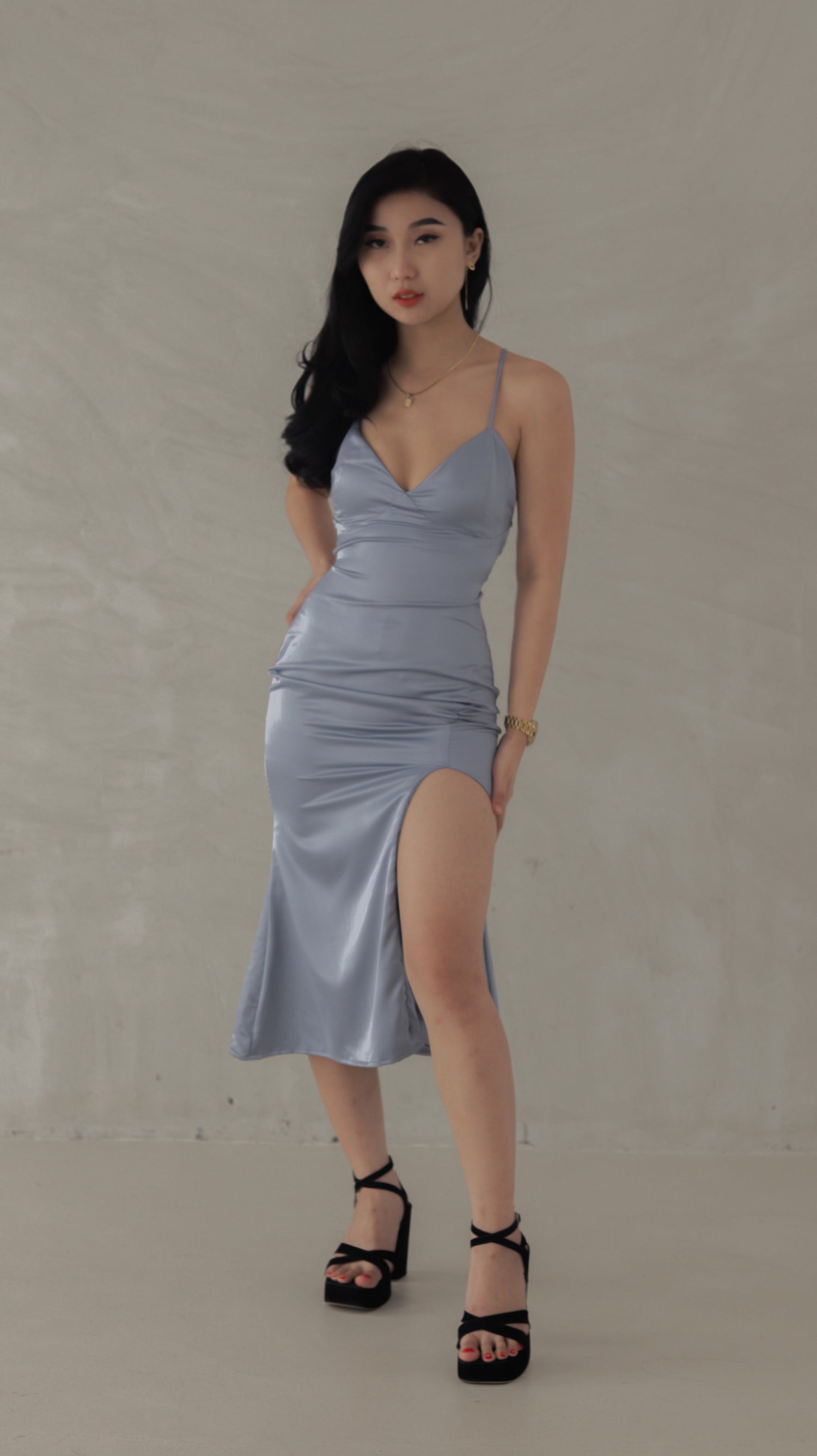 Tiffany Plunging Satin Midi Dress in Dusty Blue Heather Clothing Tiffany Plunging Satin Midi Dress in Dusty Blue Heather Clothing