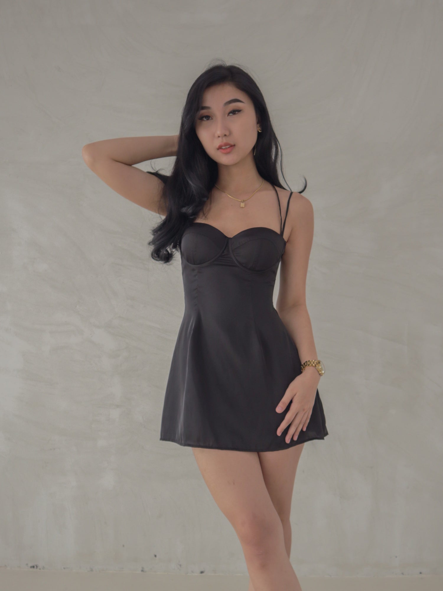 Bustier Satin Mini Dress in Black