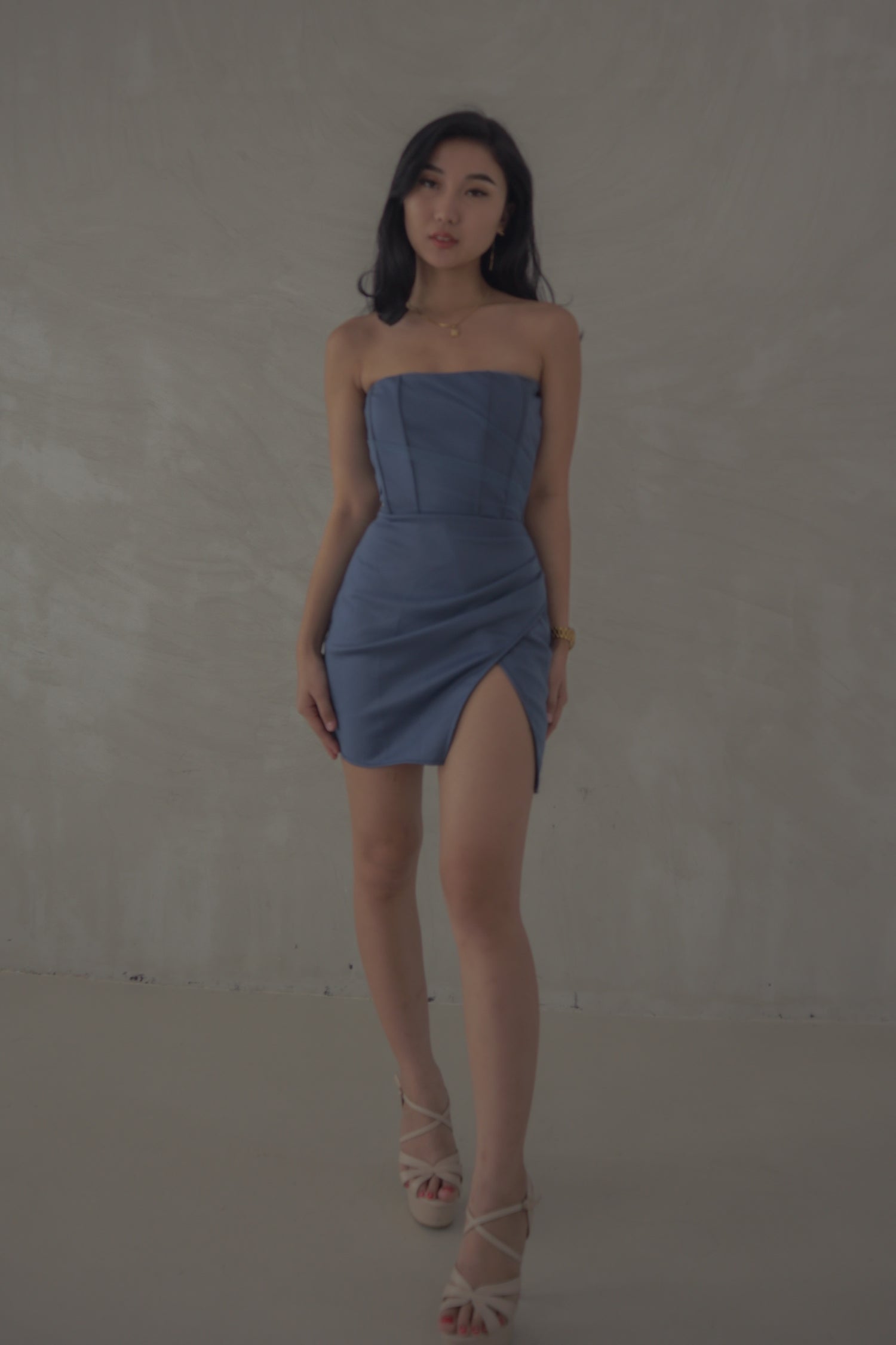 Charmer Corset Wrap Mini Dress in Dusty Blue
