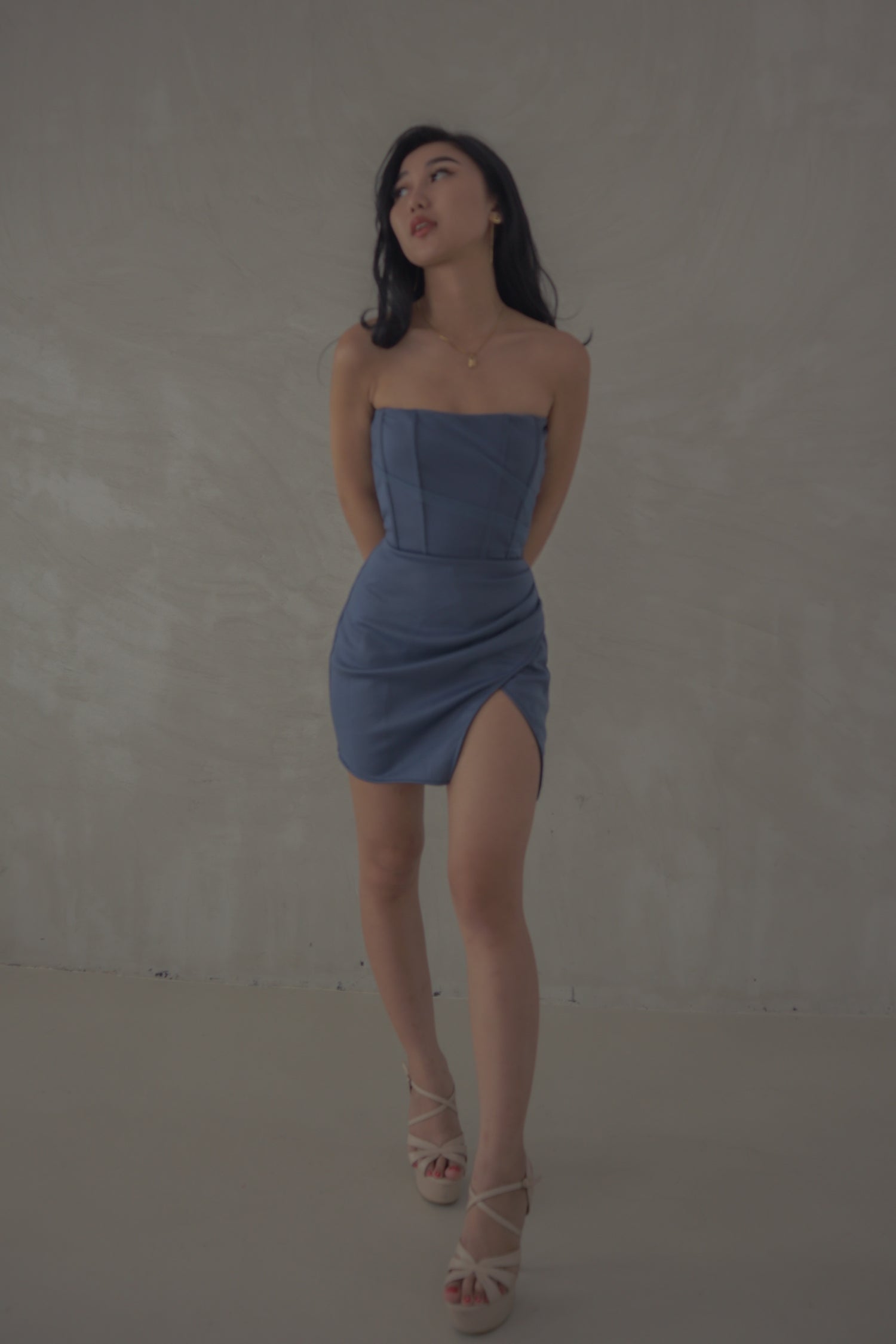 Charmer Corset Wrap Mini Dress in Dusty Blue