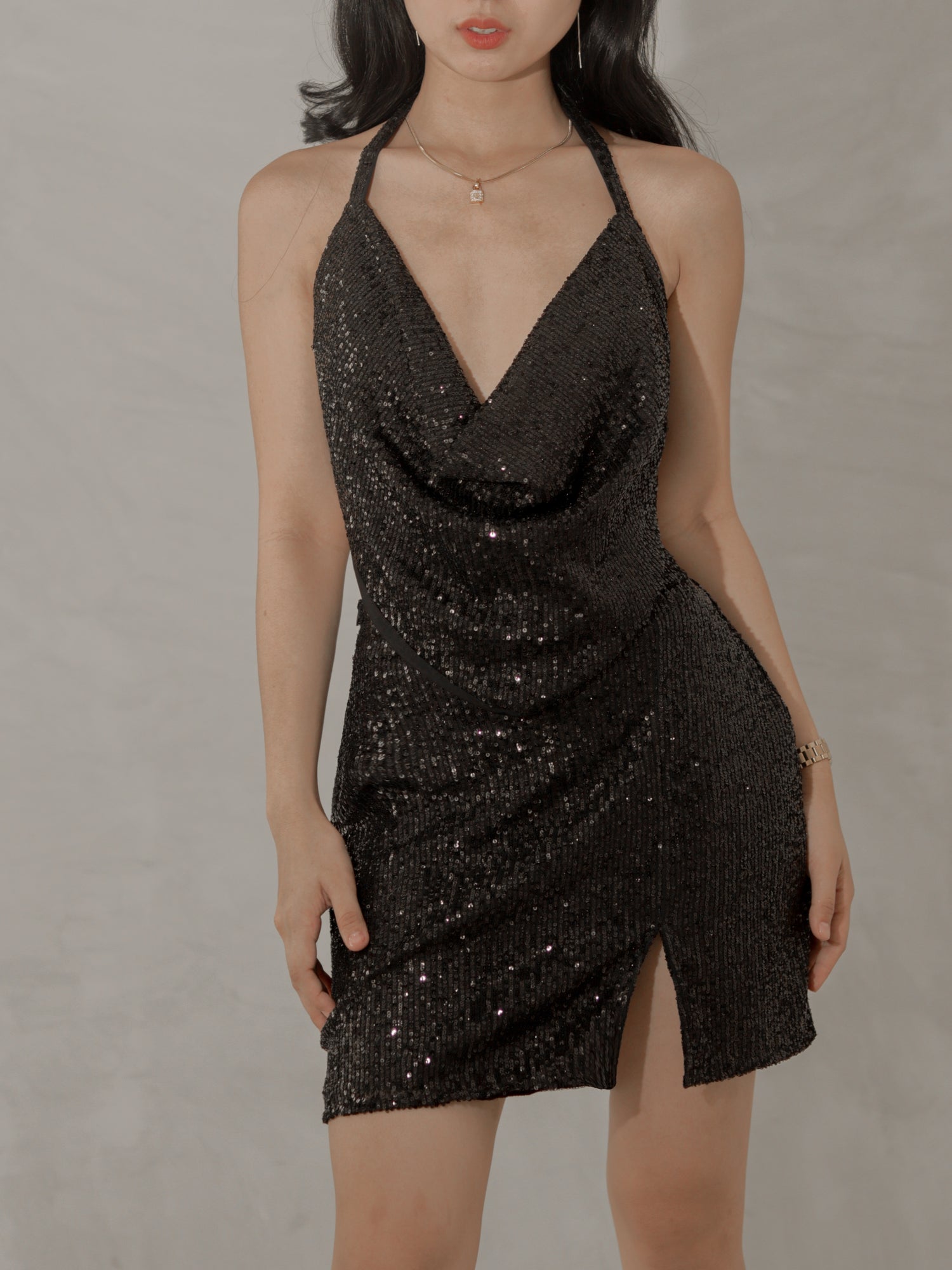 Moonlight Dancin' Cowl Sequined Backless Top and A-line Mini Skirt Set