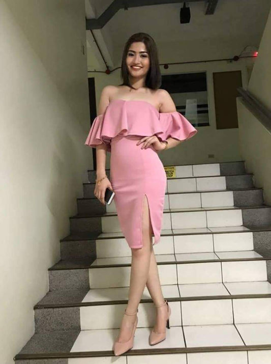 Off-the-Shoulder Frill Midi Dress