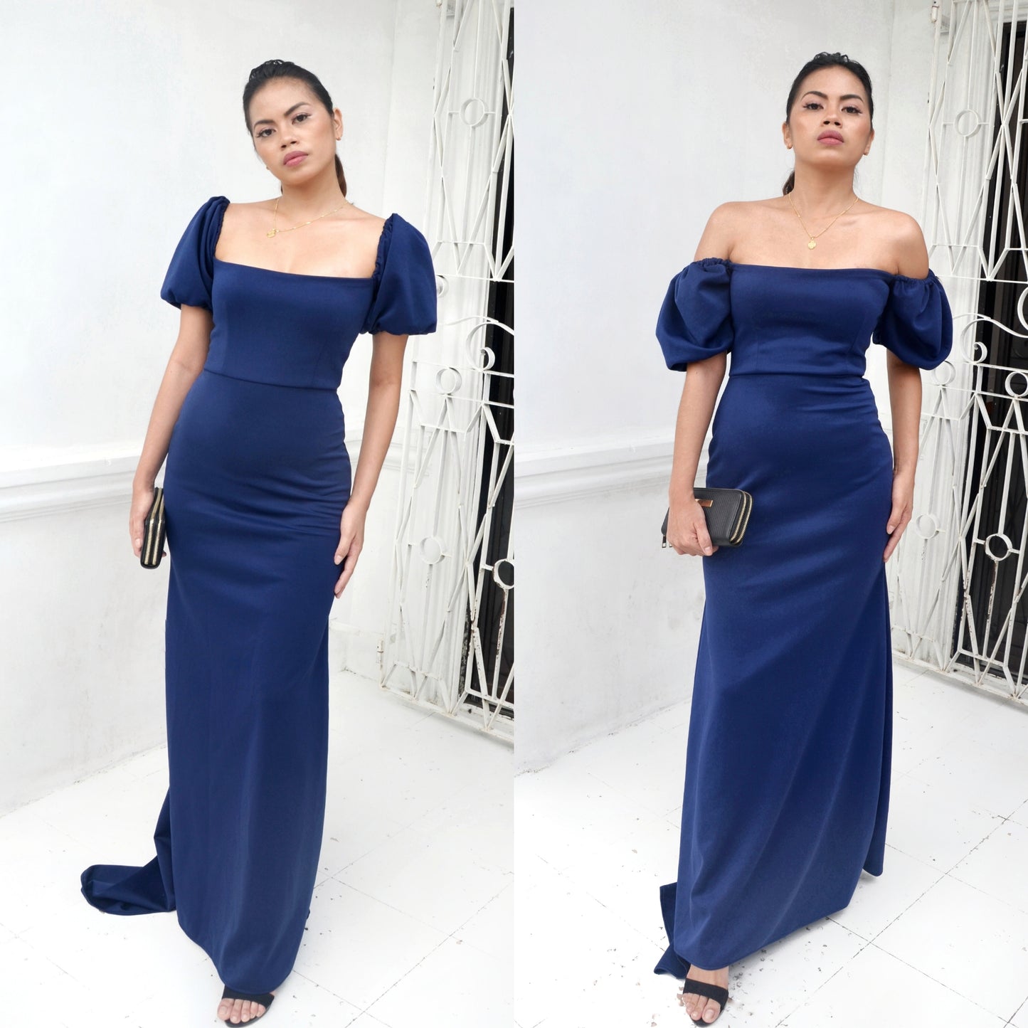 Puff-Sleeved Off-the-Shoulder Mermaid Maxi Dress