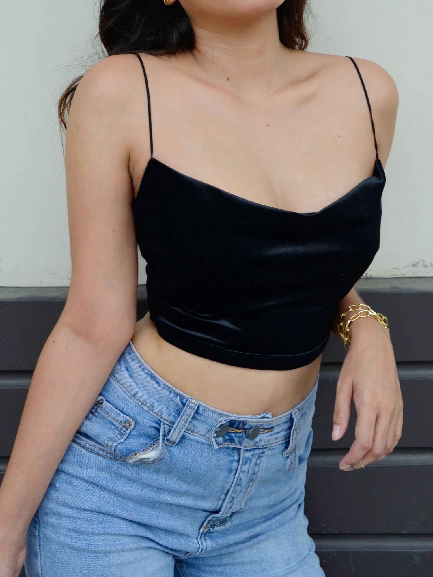 Basic Velvet Cowl Neck Crop Top in Black