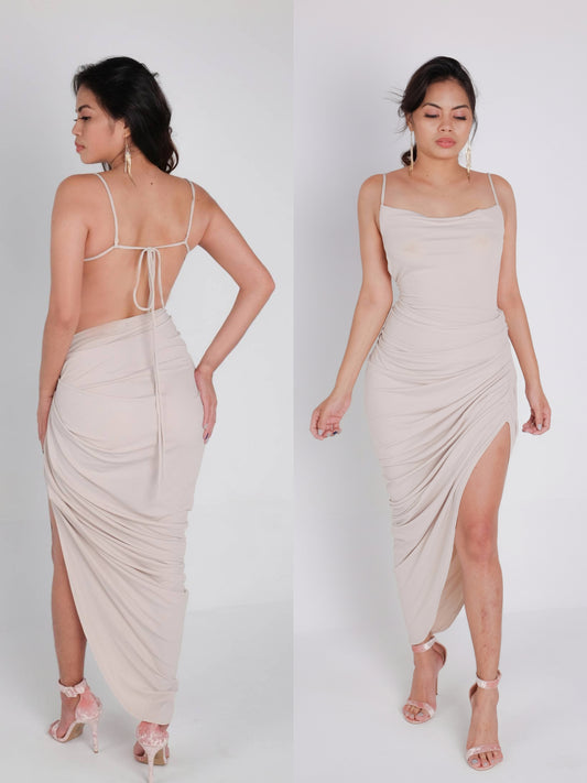 Asymmetric Backless Dress in Nude